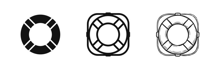 Lifebuoy icon set in solid, outline, and hand-drawn styles, representing safety, rescue, and marine assistance. © drawing lines