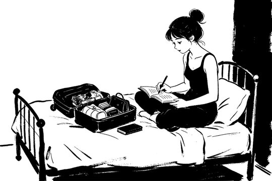 Woman journaling  while packing travel essential.