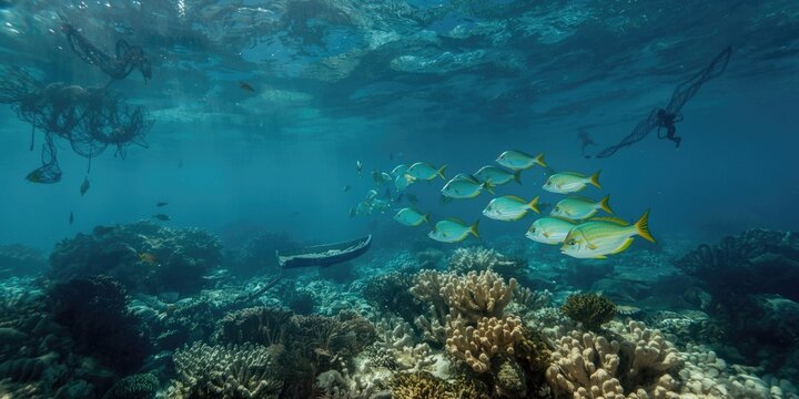 Sea fish numbers decreasing from overfishing dangers with copy space