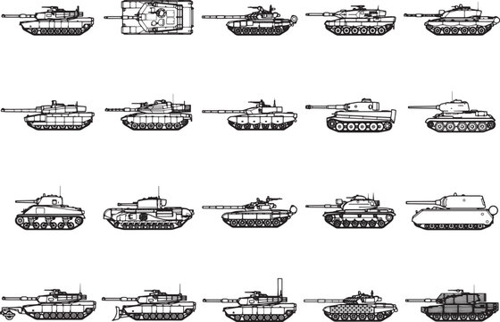 A collection of detailed illustrations showcases a variety of military tanks, presented in a grid layout.