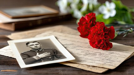 Obraz premium Still life featuring a black and white portrait of a soldier with handwritten documents and red carnations on a wooden surface