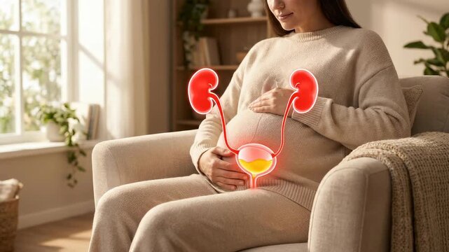 Maternal urinary control: urinary leakage, bladder weakness, pelvic floor, incontinence problem, expectant mother, kidney organ, uterus pressure, pregnant body, abdomen region, health care.
