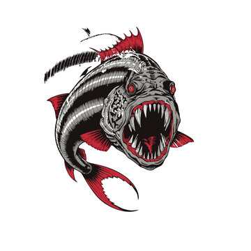 A ferocious Goliath tigerfish lunging forward with jaws fully open