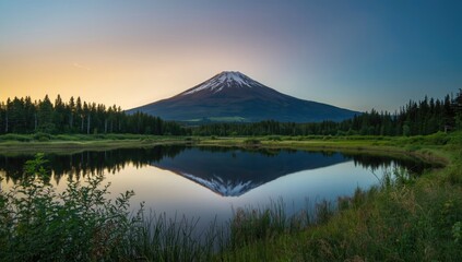 Obraz premium Mount Fuji reflected in a tranquil lake at sunset