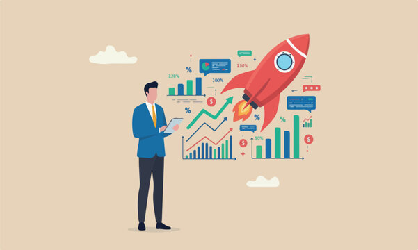 Businessman big red rocket analysis, economic and growth diagram, stock market exchange data, investment analysis, growth earning income concept, businessman thinking with data chart and graph