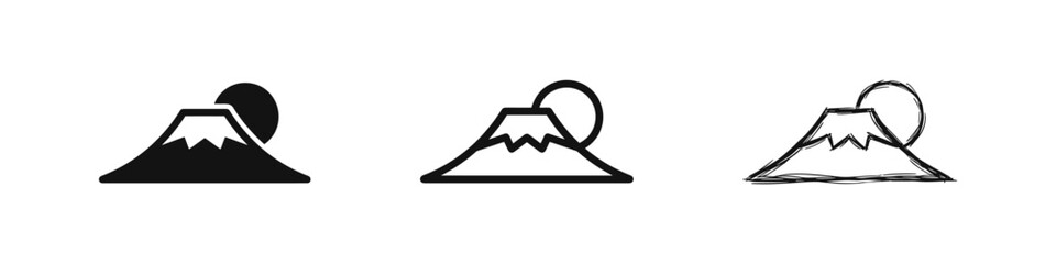 Fototapeta premium Mount Fuji with rising sun icon set. Japanese landmark symbols in solid, outline, and hand-drawn styles.