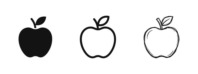 Fresh apple fruit icon set. Healthy food and nutrition symbols in solid, outline, and hand-drawn styles. © drawing lines