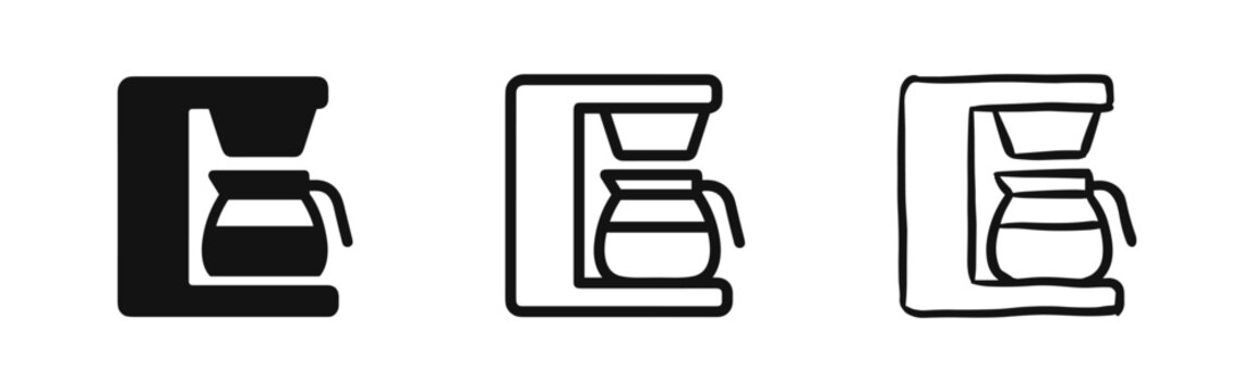 Coffee maker and pot icon set. Morning beverage brewing symbols in solid, outline, and hand-drawn styles.