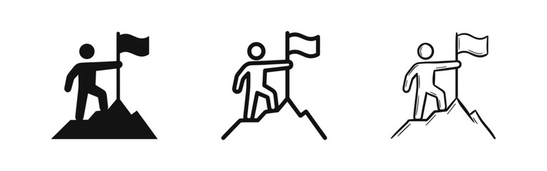 Naklejka premium Achievement icon set with person on mountain peak holding flag in solid line and sketch style for goal success