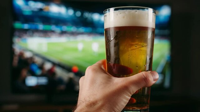 Hand holding cold beer glass watching sports game on TV screen in background at stadium pub or bar with blurred crowd and green field