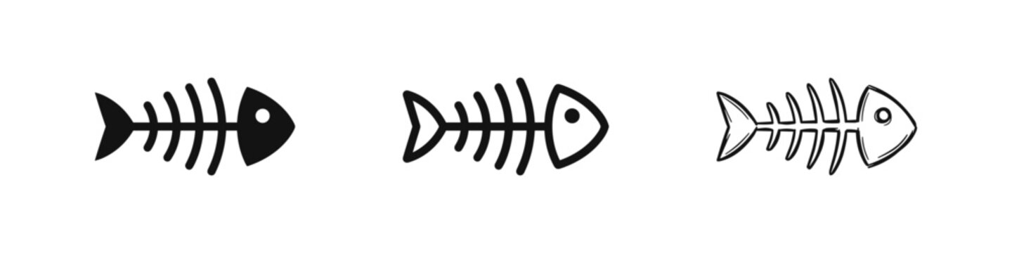 Fish Skeleton Icon Set in Solid, Outline, and Hand-Drawn Styles. Dead Fish Bones Vector Illustration.