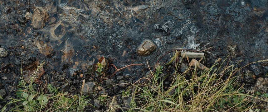 Black water with stones and grass along the shore