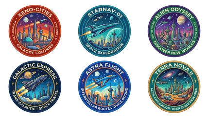 Futuristic space exploration and galactic city mission patches © supri