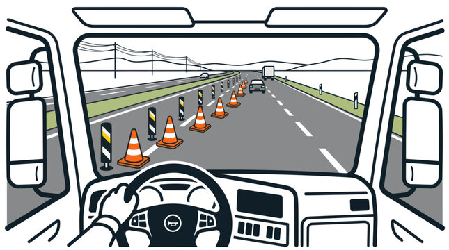 Truck driver view of highway road construction site