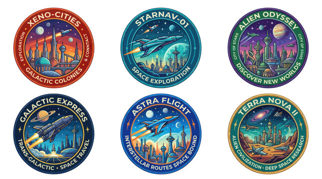 Futuristic space exploration and galactic city mission patches