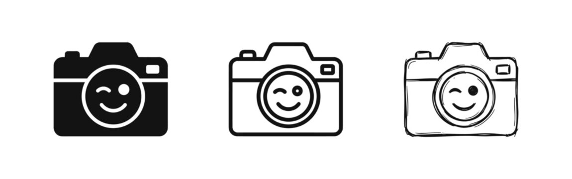 Photo Camera with Smiley Winking Face Icon Set, Photography Symbol in Solid, Outline and Sketch Style