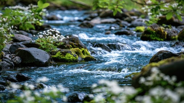 Rippling stream flows over mossy rocks, surrounded by white flowers