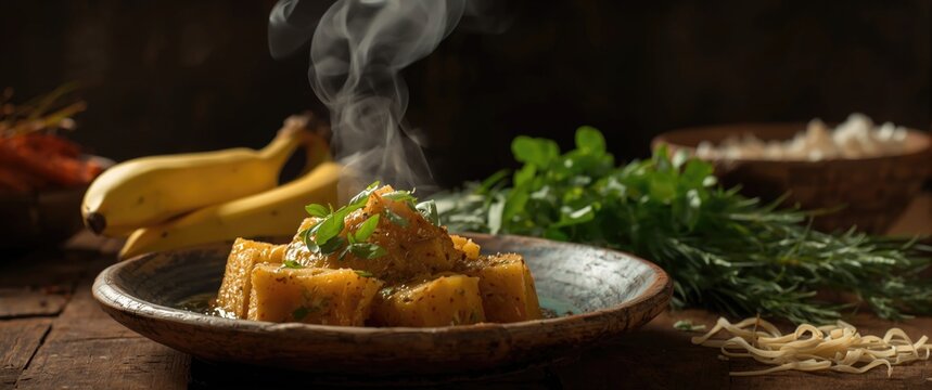 Rustic setting showcasing cassava getuk served on wooden plate alongside fresh bananas and herbs