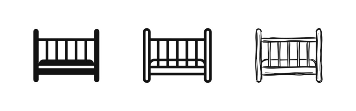 Baby crib cot icon set in three styles: flat solid, thin outline, and hand-drawn artistic sketch.