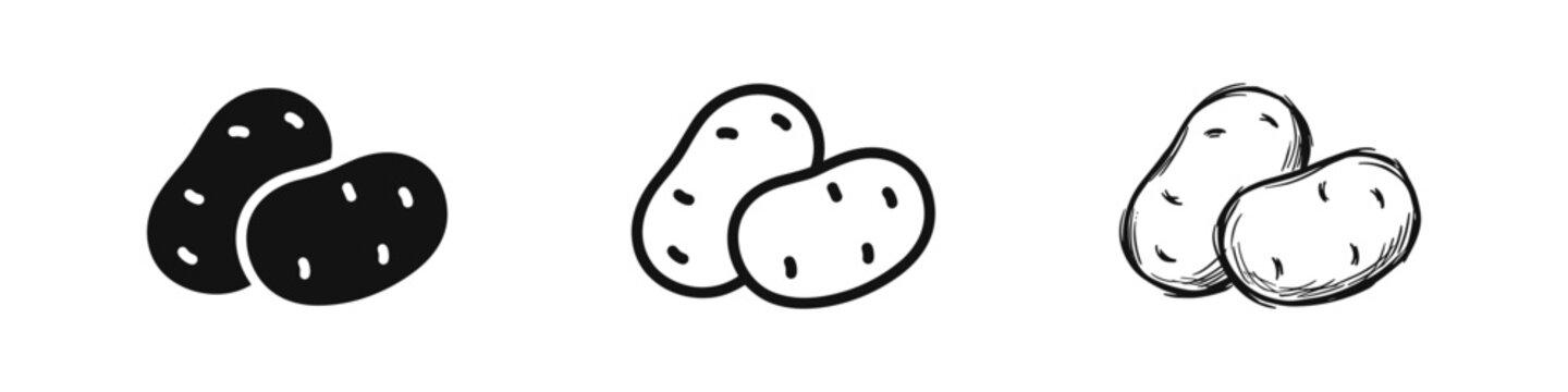Raw potato icon set in three different styles: flat solid silhouette, thin outline, and hand-drawn sketch.