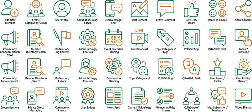 Set of 32 Minimalist Community, Social Network, and Online Interaction Vector Icons with Editable Stroke for Web, App, Marketing, and Forum Use