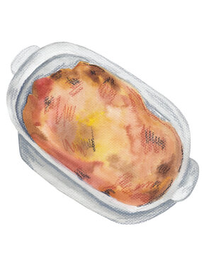 Watercolor Thanksgiving stuffing illustration. Hand-painted festive side dish on a plate, png file, isolated on a transparent background.