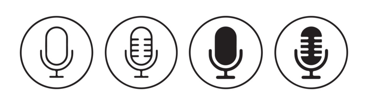 Round microphone buttons for podcast recording and voice search interface elements vector graphics.