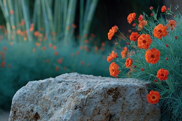 Orange wildflowers clustered near rock in bamboo garden © Iryna