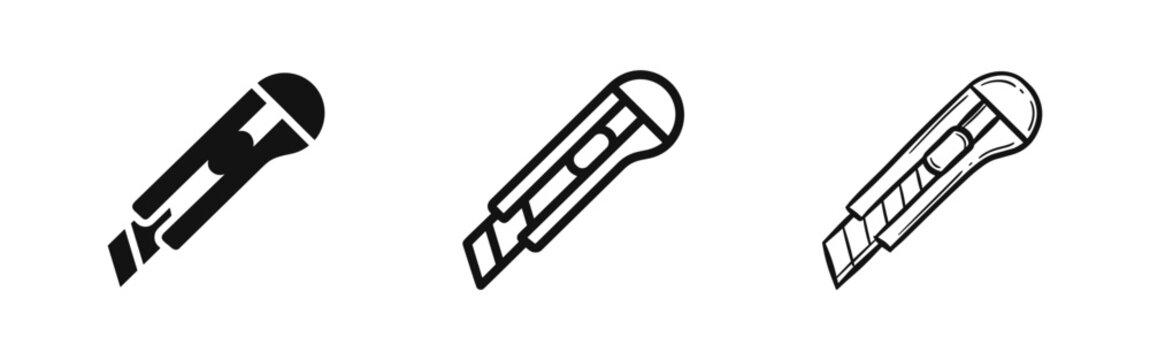 Utility knife box cutter icon set in solid, outline and hand-drawn doodle styles for office and craft tools
