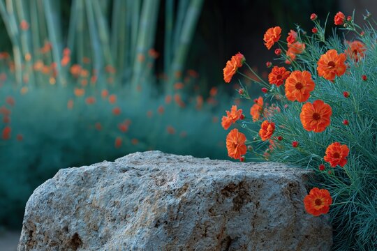 Orange wildflowers clustered near rock in bamboo garden