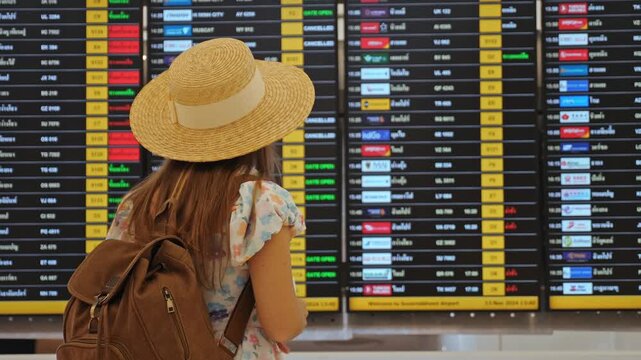 Female traveler in straw hat holding passport and ticket, looking at electronic flight information display system, airport terminal hall, international travel marketing., slow motion