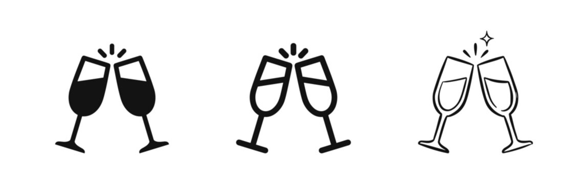 Champagne glasses toasting icon set. Celebration and cheers symbol in solid, outline, and hand-drawn styles.