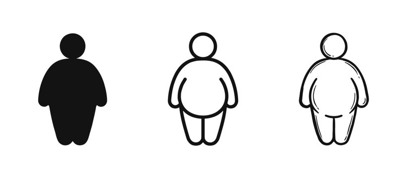 Overweight person icon set featuring solid, line art, and sketch styles