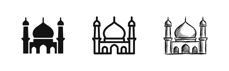 Mosque icon set with solid, outline, and hand-drawn styles, symbolizing Islamic worship and culture. © drawing lines