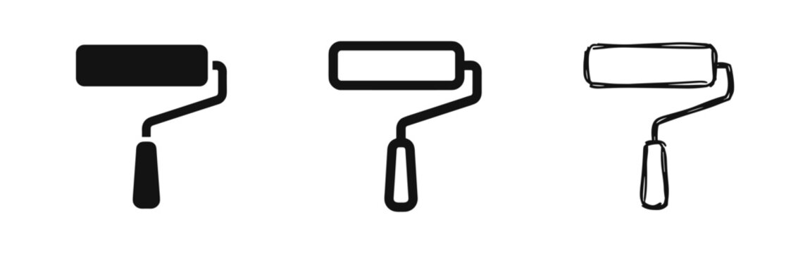 Paint roller icon set in solid, outline, and hand-drawn styles, representing home renovation and painting tools.