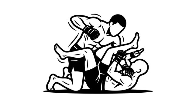Mixed Martial Arts Fight Illustration: Grappling and Striking Combat