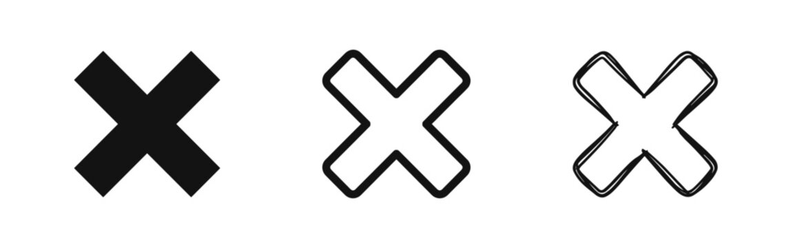 Set of Cross X Mark Icons in Solid, Outline, and Sketch Styles