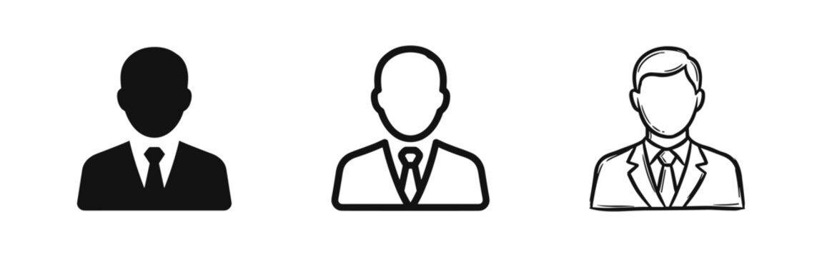 Male user or professional businessman avatar icons in solid, outline and hand-drawn sketch styles.