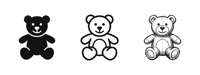 Fototapeta na wymiar Teddy Bear Icon Set for Kids and Toys. Cute Stuffed Animal Outline and Doodle Icons, Children's Plush Toy Vector Art.