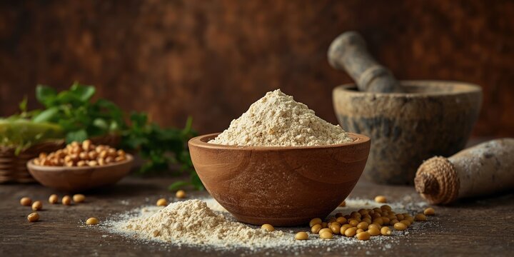 Organic corn flour in wooden bowl among natural cooking components on textured rustic background