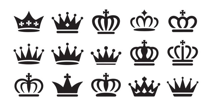 Set of 15 black crown icons on transparent background suitable for web design or logo.