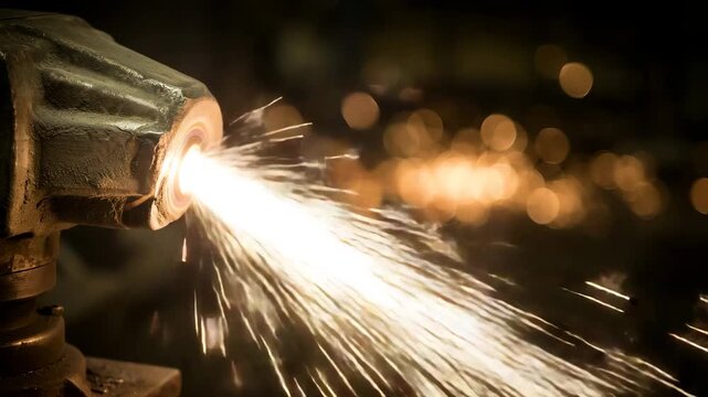 Close-up of welding torch with bright sparks flying through dark background industrial manufacturing process with metalwork and fabrication techniques