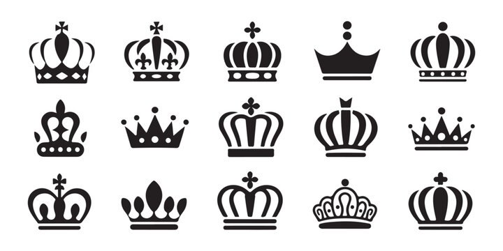 Set of 15 black crown icons on transparent background suitable for web design or logo.