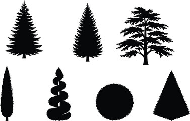 Fototapeta premium Pine Trees and Topiary Bushes Silhouettes Set with Conifer Evergreen Plants and Shrub Shapes