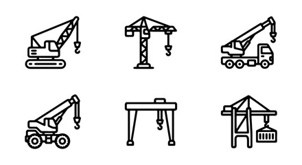 Construction Crane Icons Set, Industrial Lifting Equipment Vector Graphics, Heavy Machinery Symbols © Tanzila
