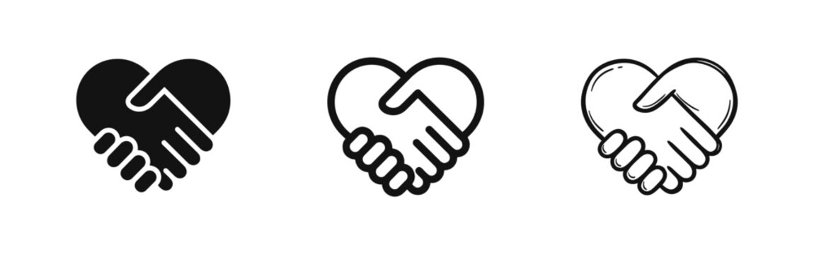 Heart handshake icon set, hands shaking in heart shape symbols, love partnership and trust icons