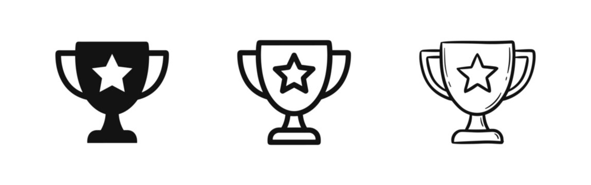 Trophy cup with star icon set, winner award symbols, champion prize achievement icons