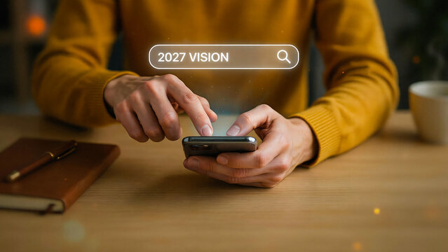 2027 vision search concept with smartphone future planning and goal setting