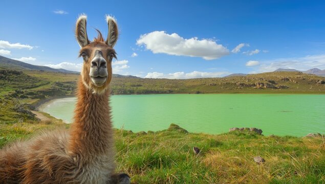 Majestic guanaco posed on a vibrant grass field adjacent to a glowing green lake