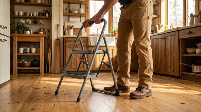 Man placing a metal step stool on the floor of a rustic kitchen.